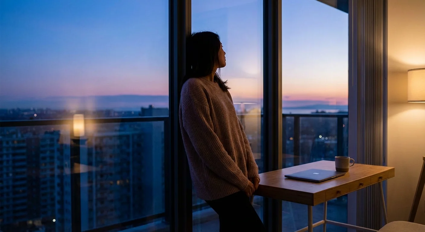 A person looking out a window with a closed laptop, feeling relieved.
