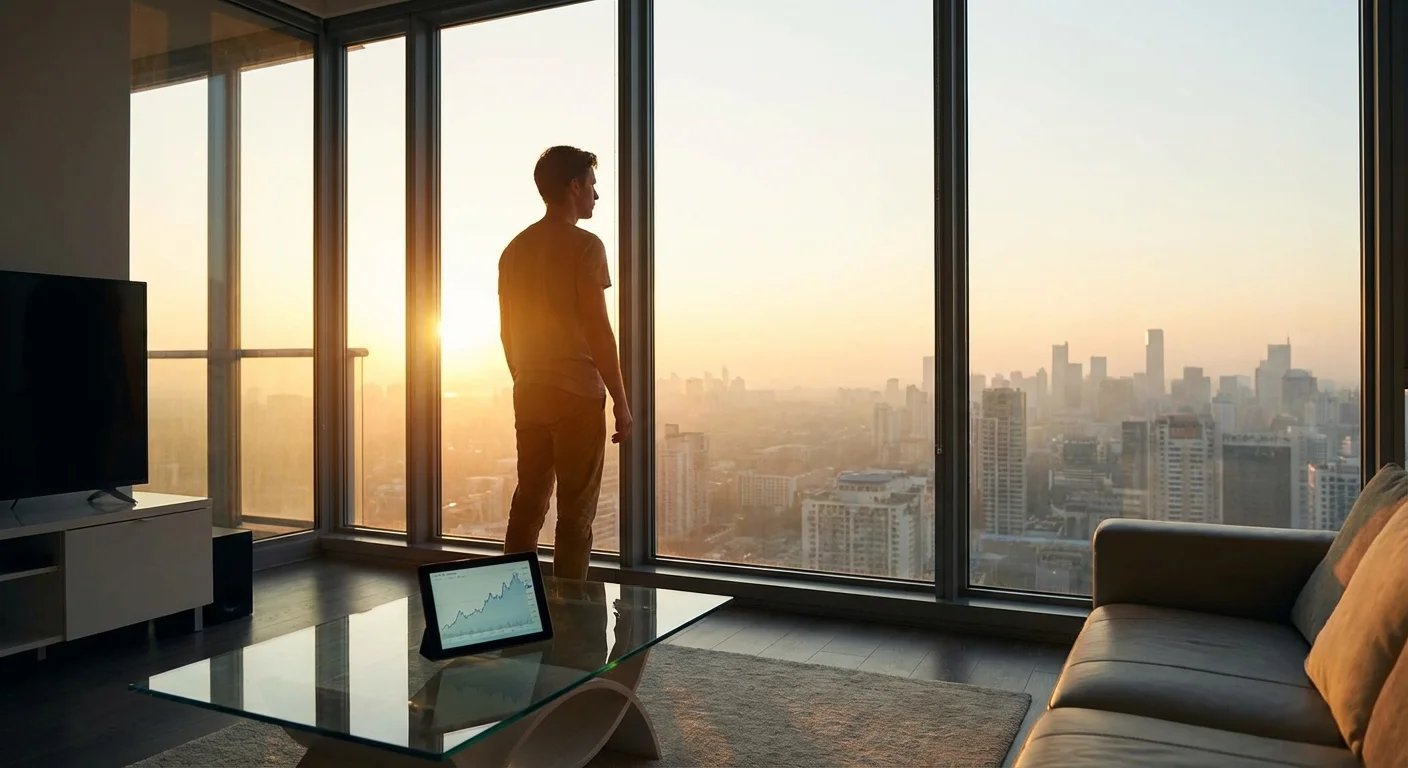 A person looking out at a city sunrise from a modern apartment, symbolizing long-term financial vision.