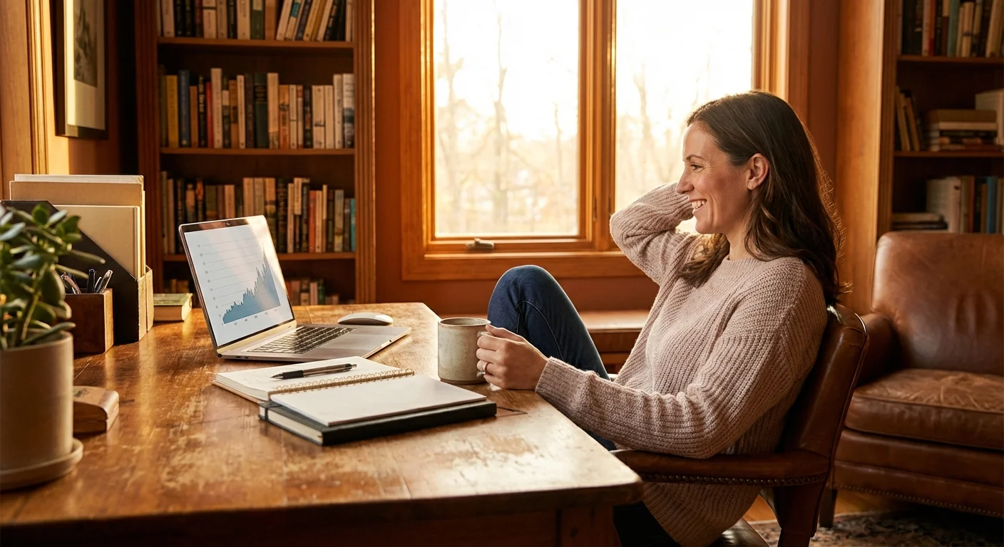 A person looking relieved and happy while working on a laptop at home.
