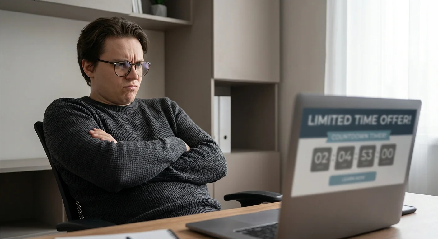 A person looking skeptical while sitting at a computer, resisting a sale.