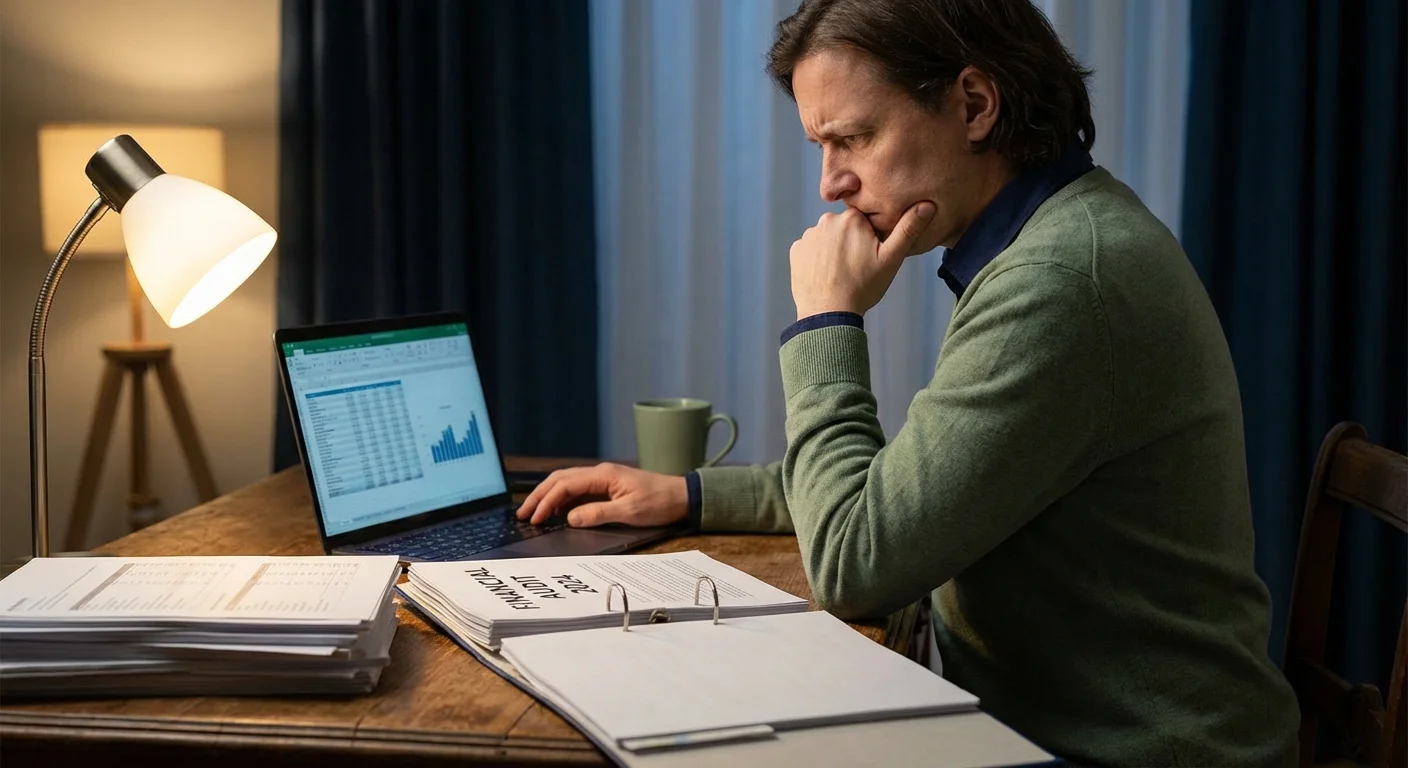 A person looking skeptically at a laptop screen in a home office.