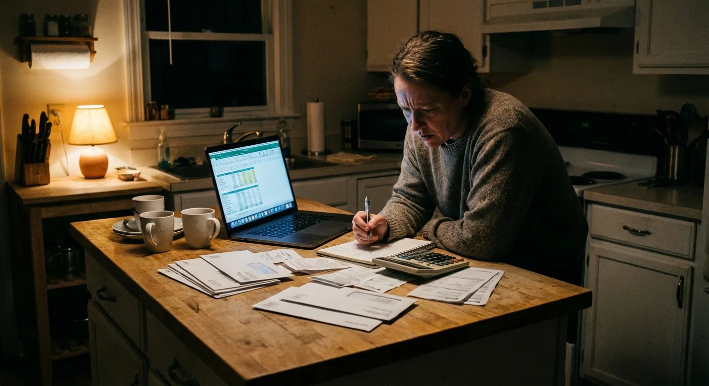 A person looking stressed while reviewing finances on a laptop at home.