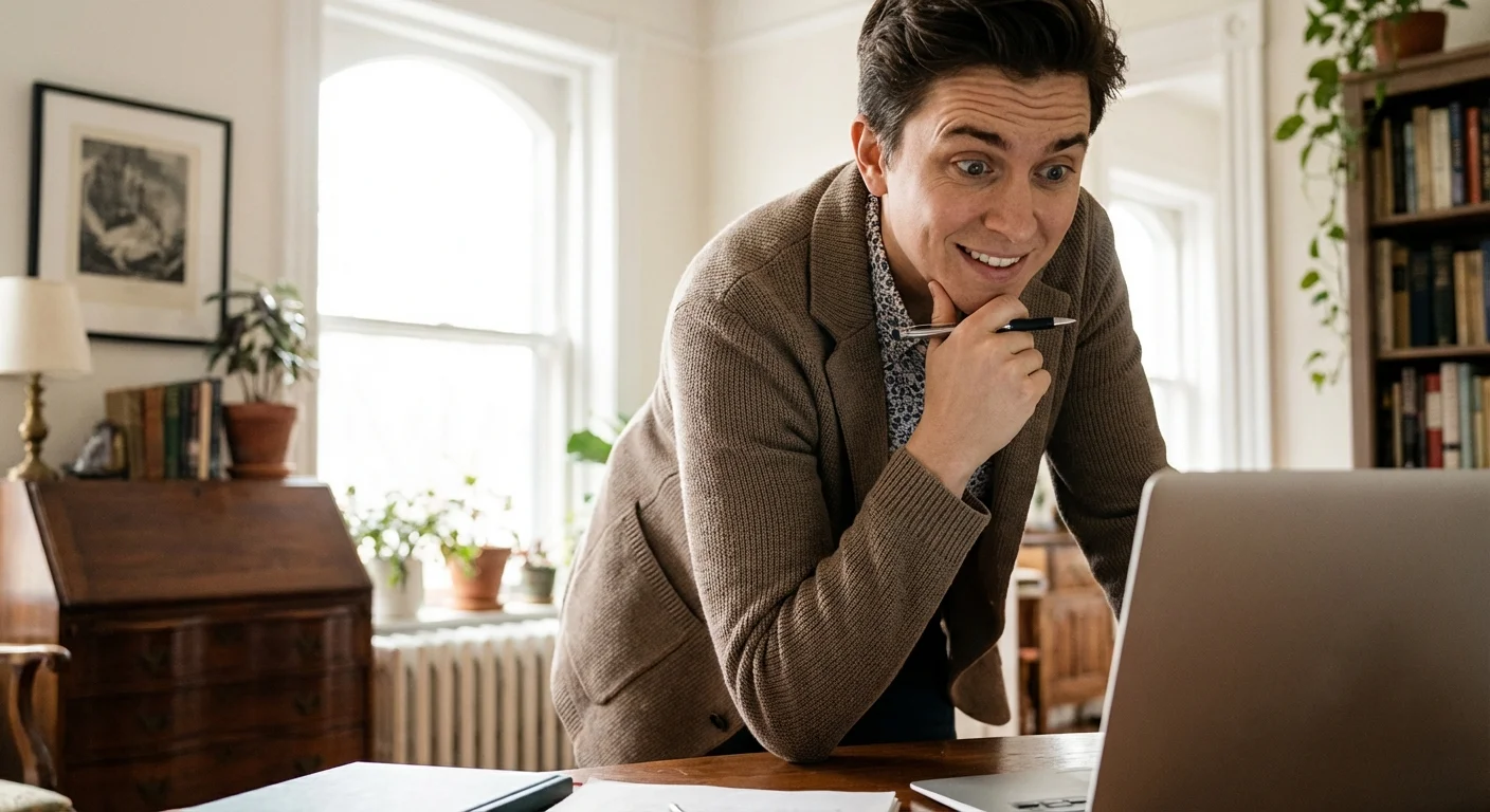 A person looking surprised while reviewing financial data on a laptop.