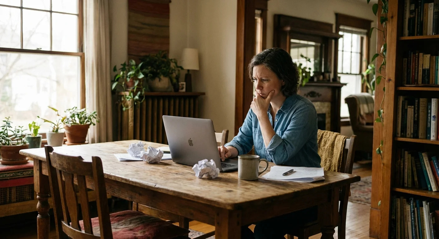 A person looking thoughtful and concerned while sitting at a laptop.