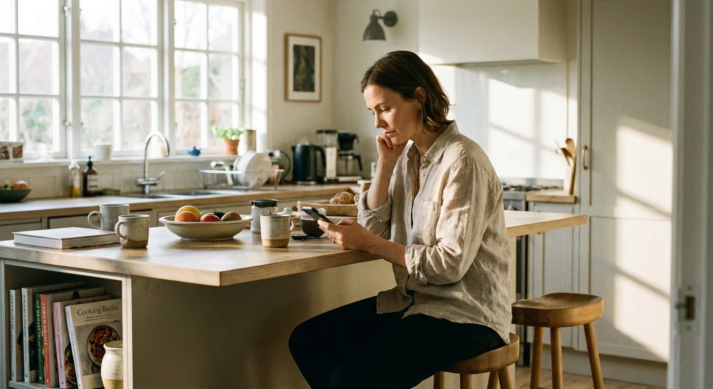 A person looking thoughtful while checking their phone at a kitchen counter.
