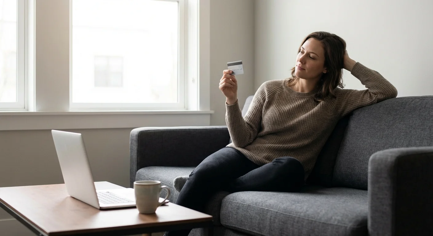 A person looking thoughtfully at a credit card, representing mindful financial management.