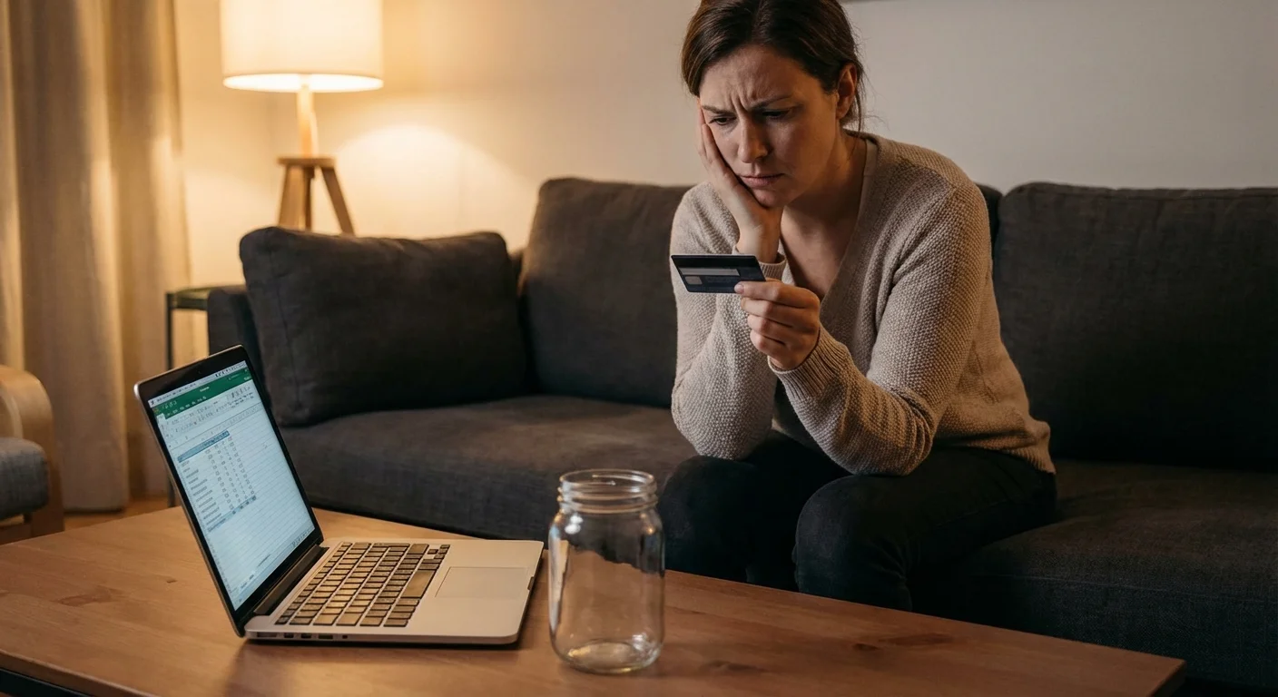A person looking thoughtfully at a credit card, symbolizing the choice between debt and savings.