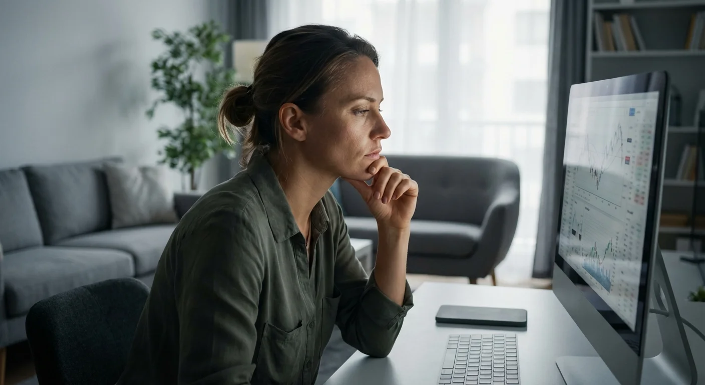 A person looking thoughtfully at a screen, representing careful consideration.