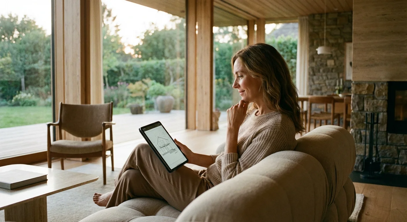 A person looking thoughtfully at a tablet in a modern living room.
