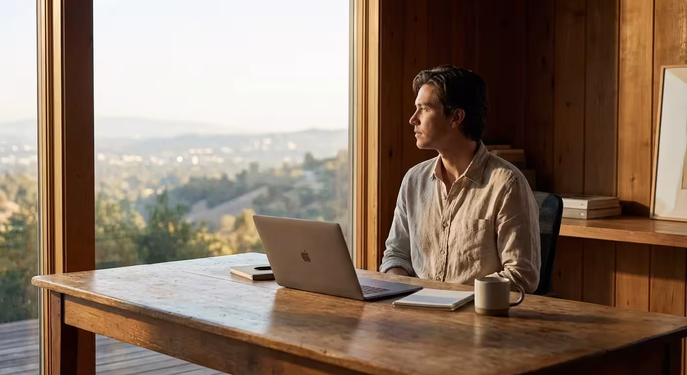 A person looking thoughtfully out a window in a bright home office.
