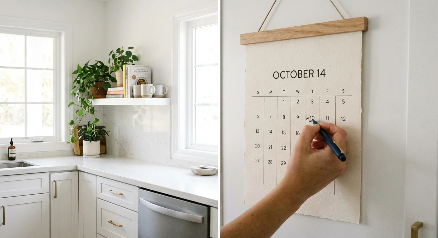 A person marking a date on a minimalist wall calendar in a bright kitchen.