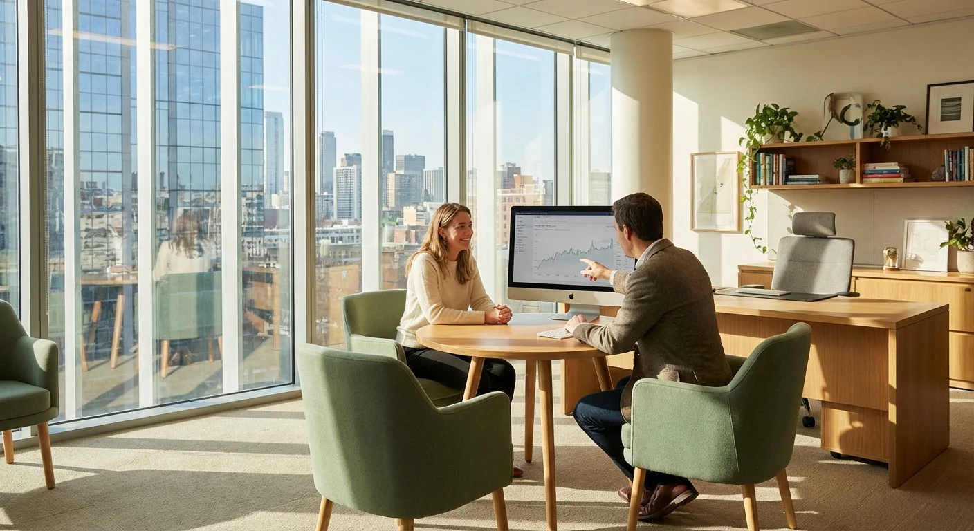 A person meeting with a financial advisor in a bright, professional office setting.