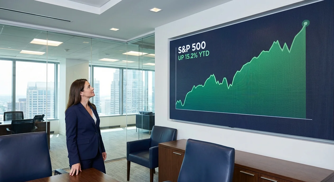 A person observing a rising financial chart in a modern office.