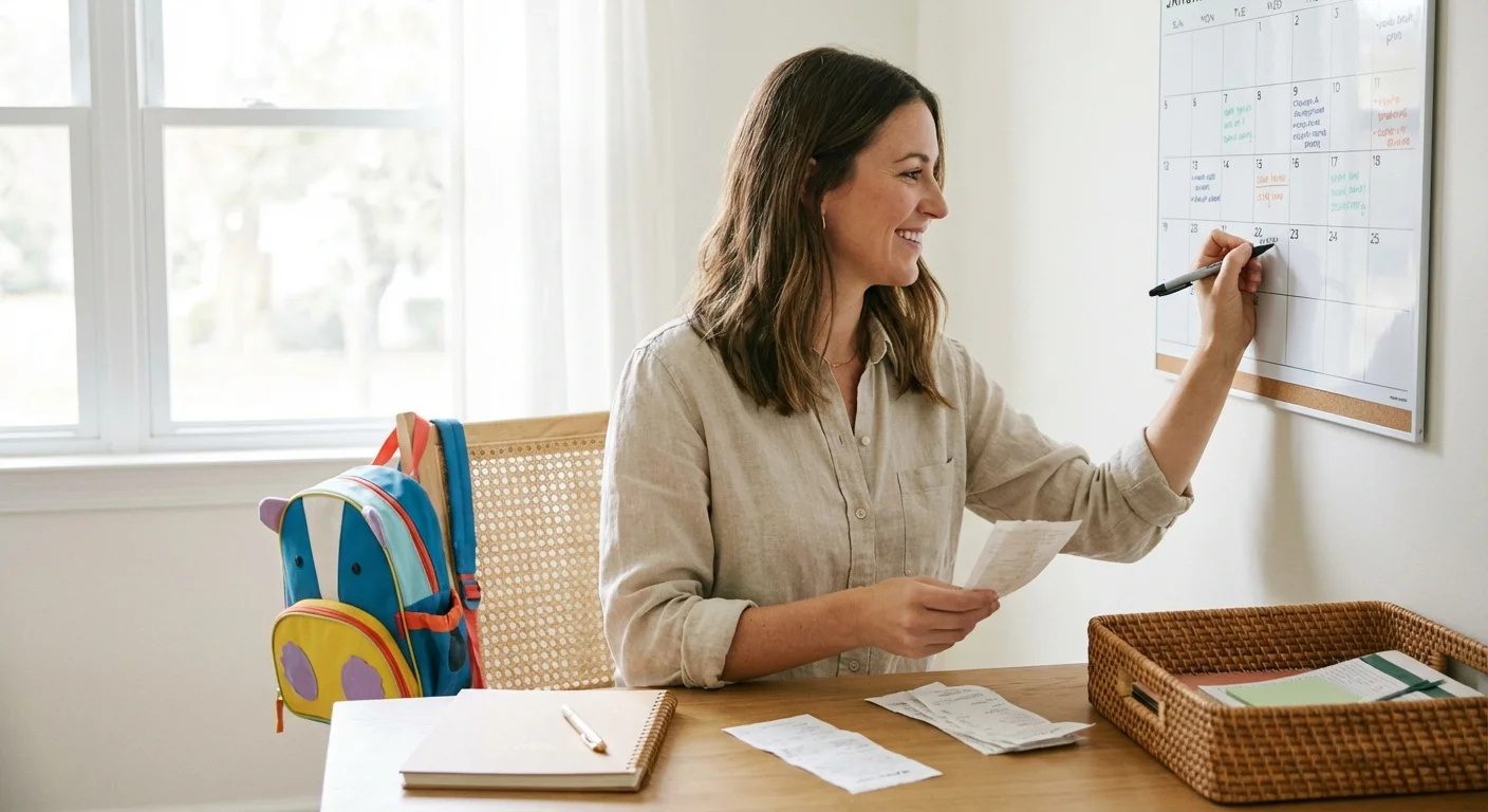 A person organizing household expenses at a clean, modern desk.