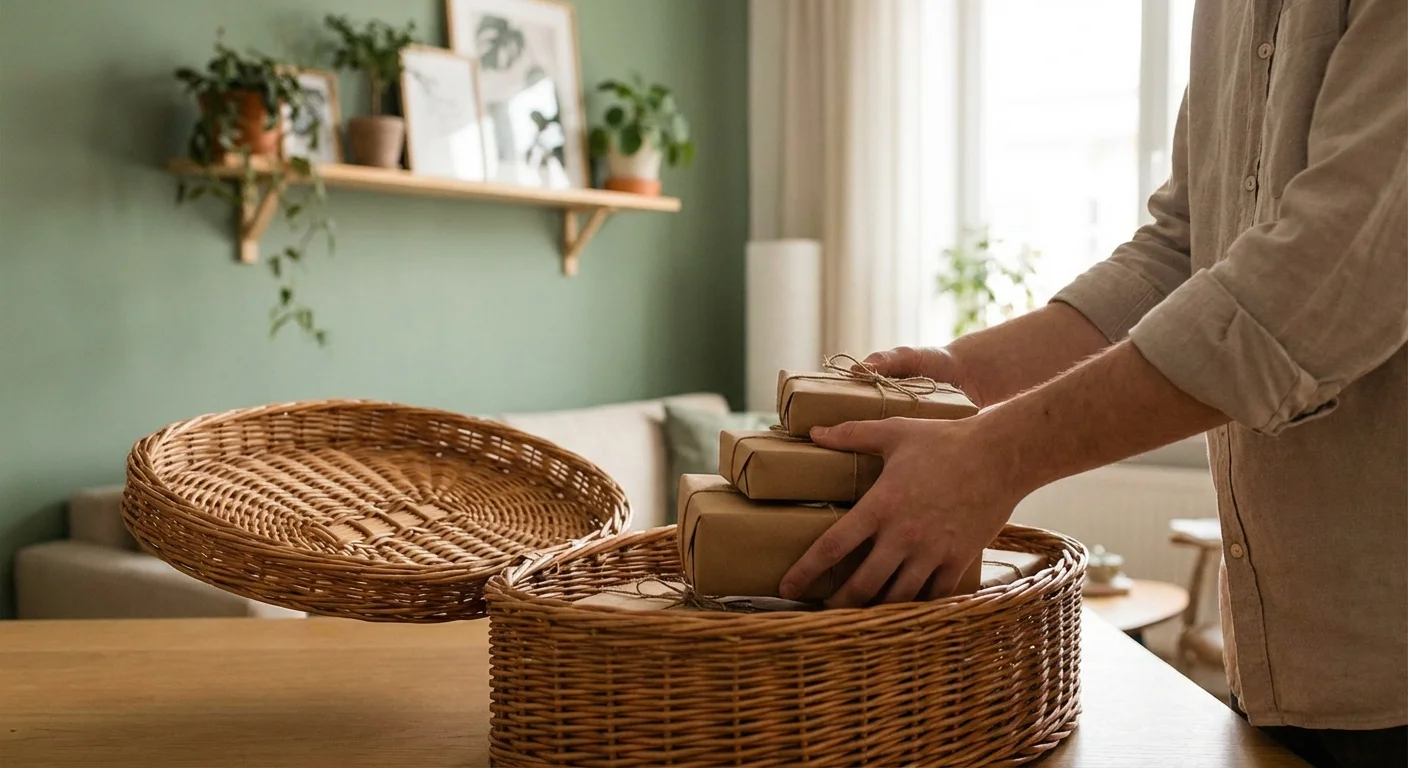 A person organizing several gift boxes into one large basket.