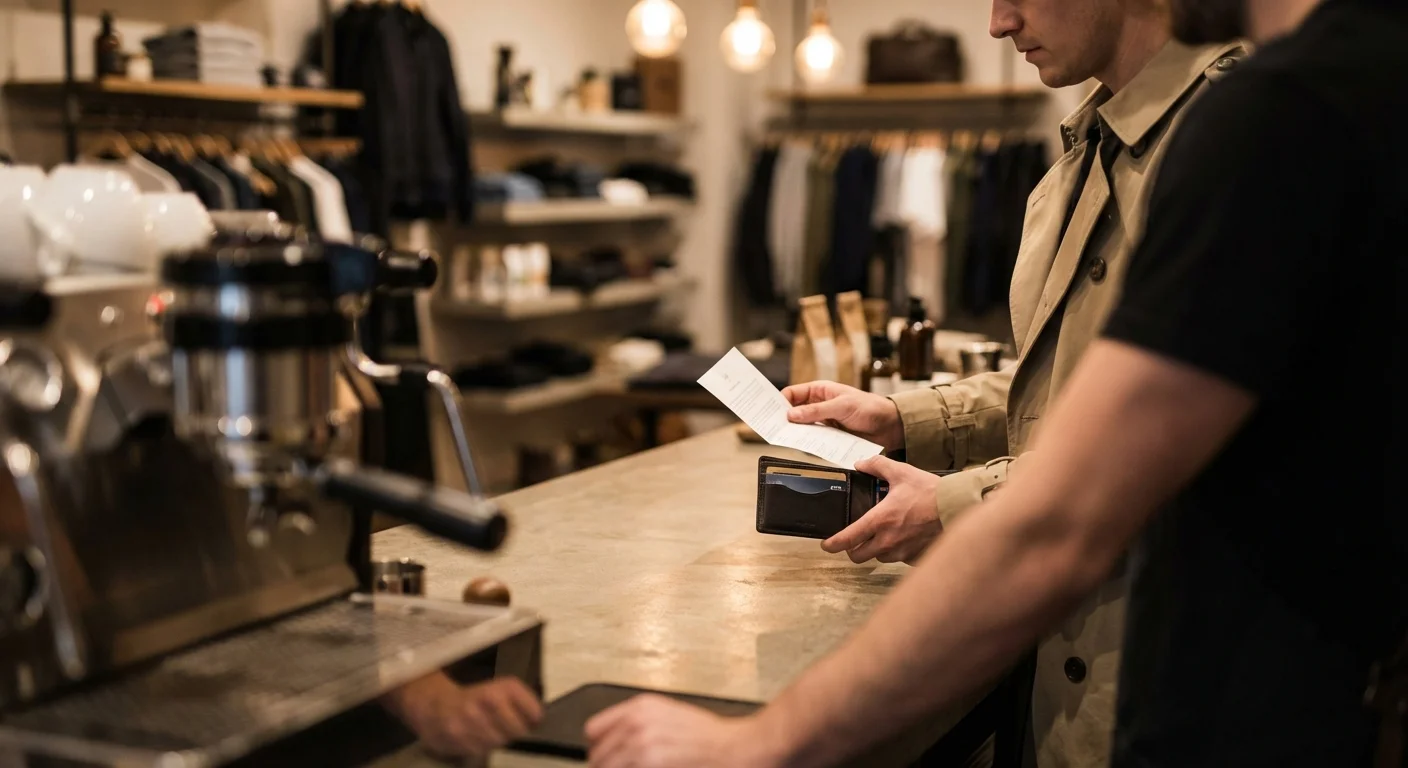 A person pausing before a purchase at a retail checkout.