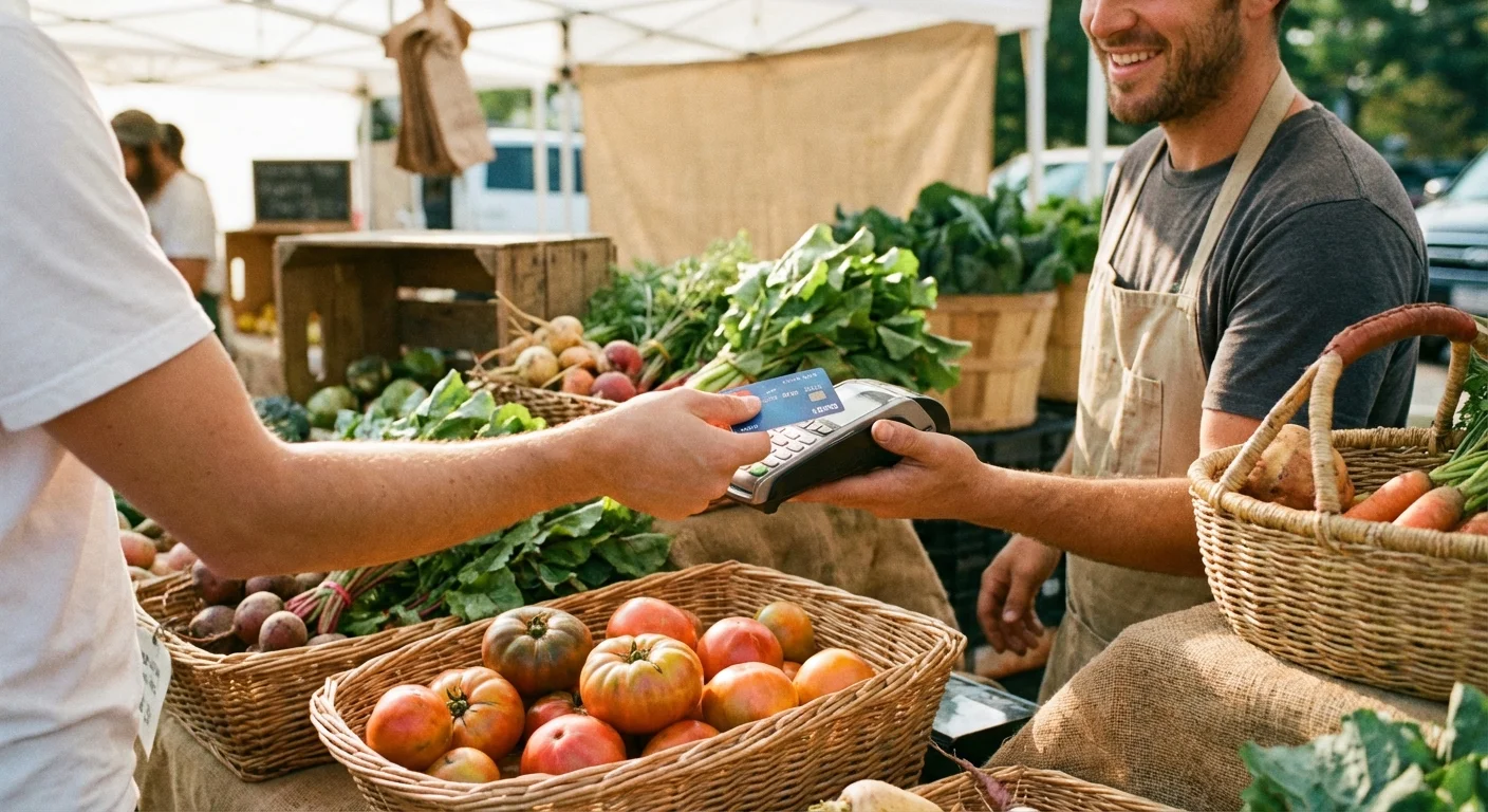 A person paying for fresh produce at an outdoor market with a card.
