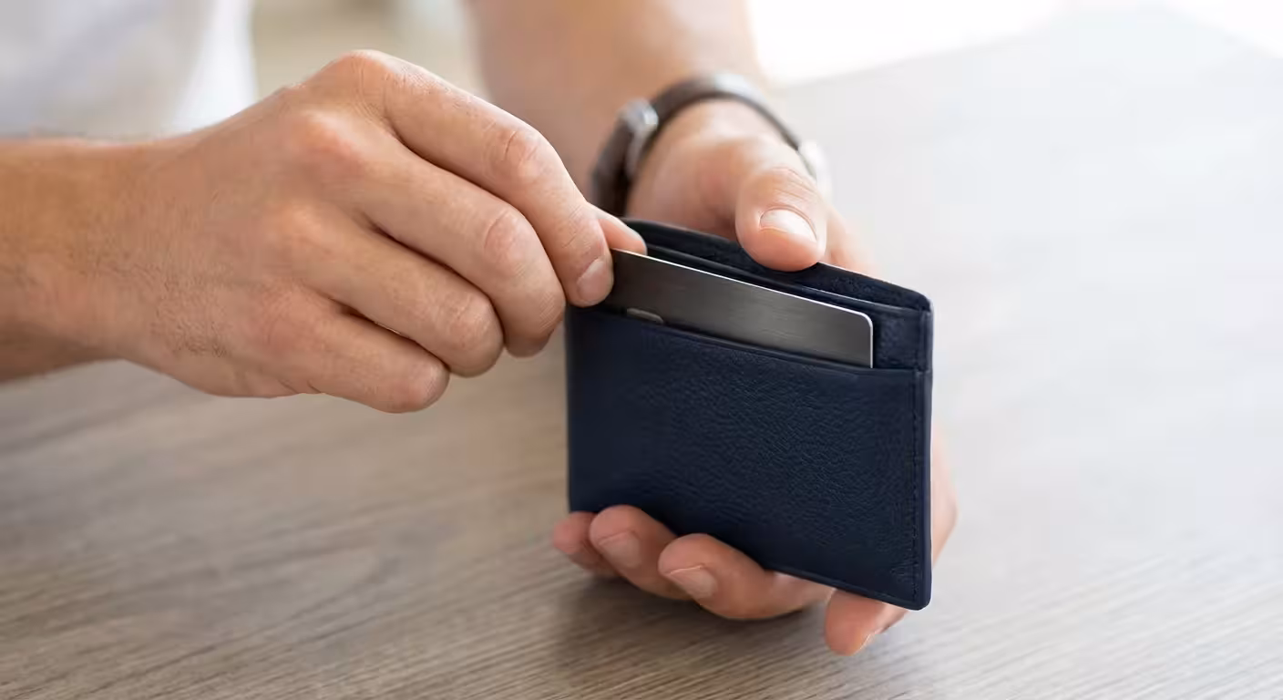A person placing a card into a leather wallet with confidence.
