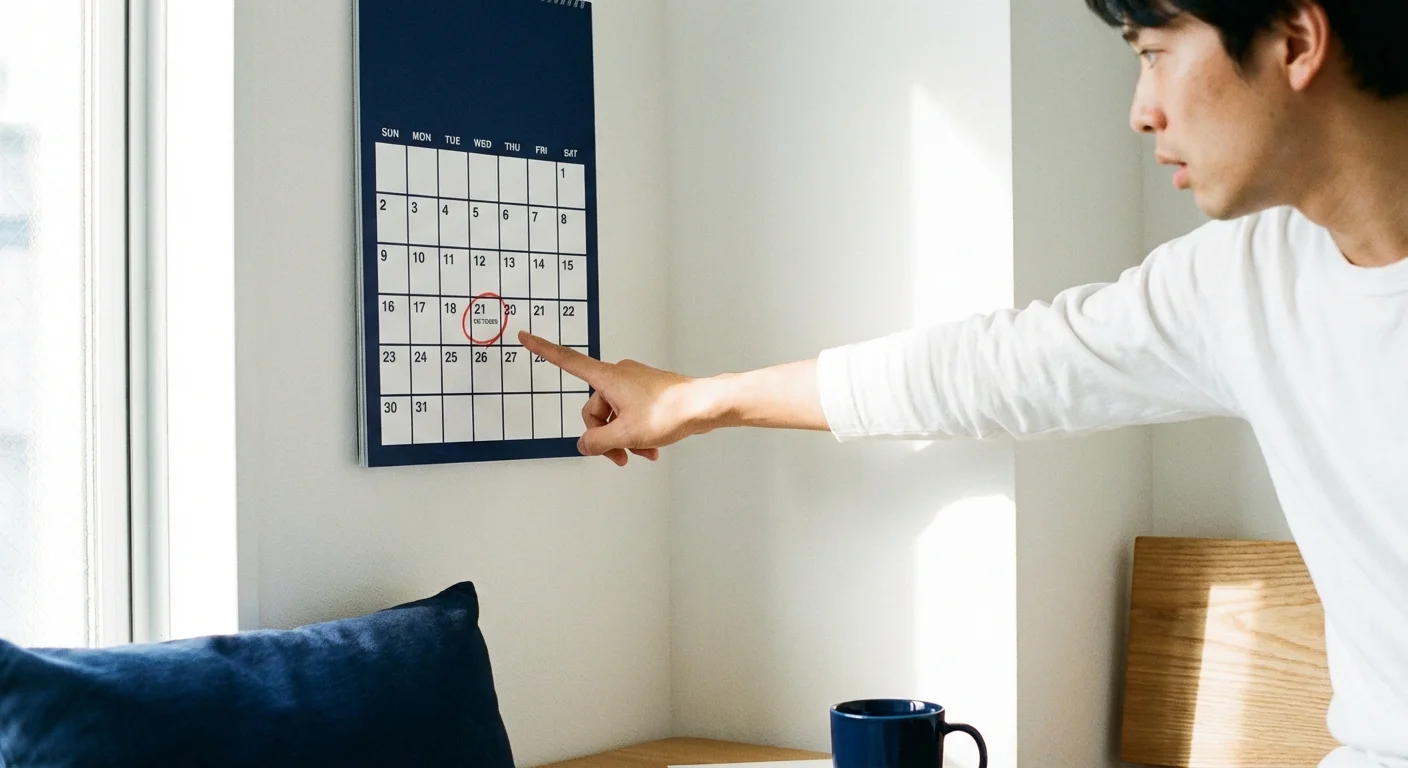 A person pointing to a deadline on a wall calendar.