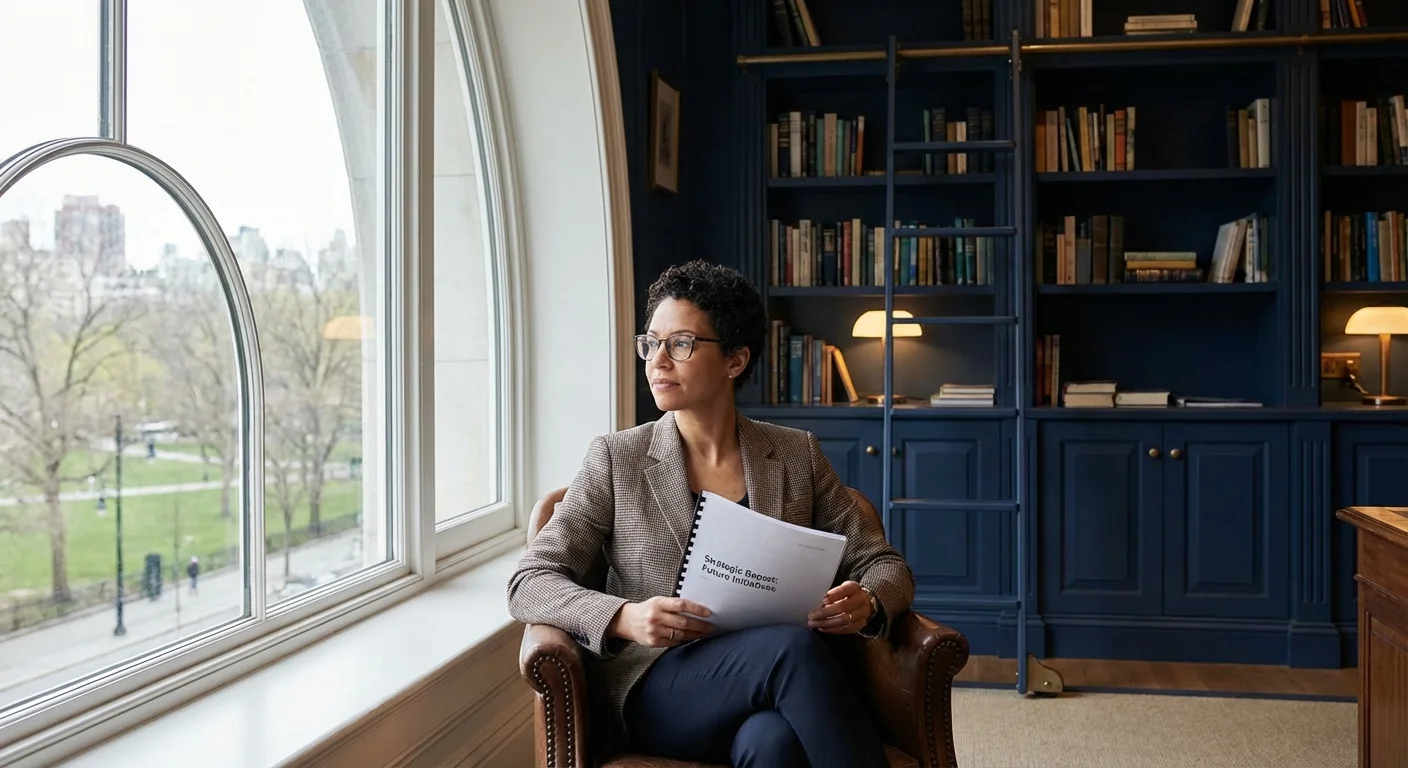 A person reading legal documents in a bright study, looking confident.