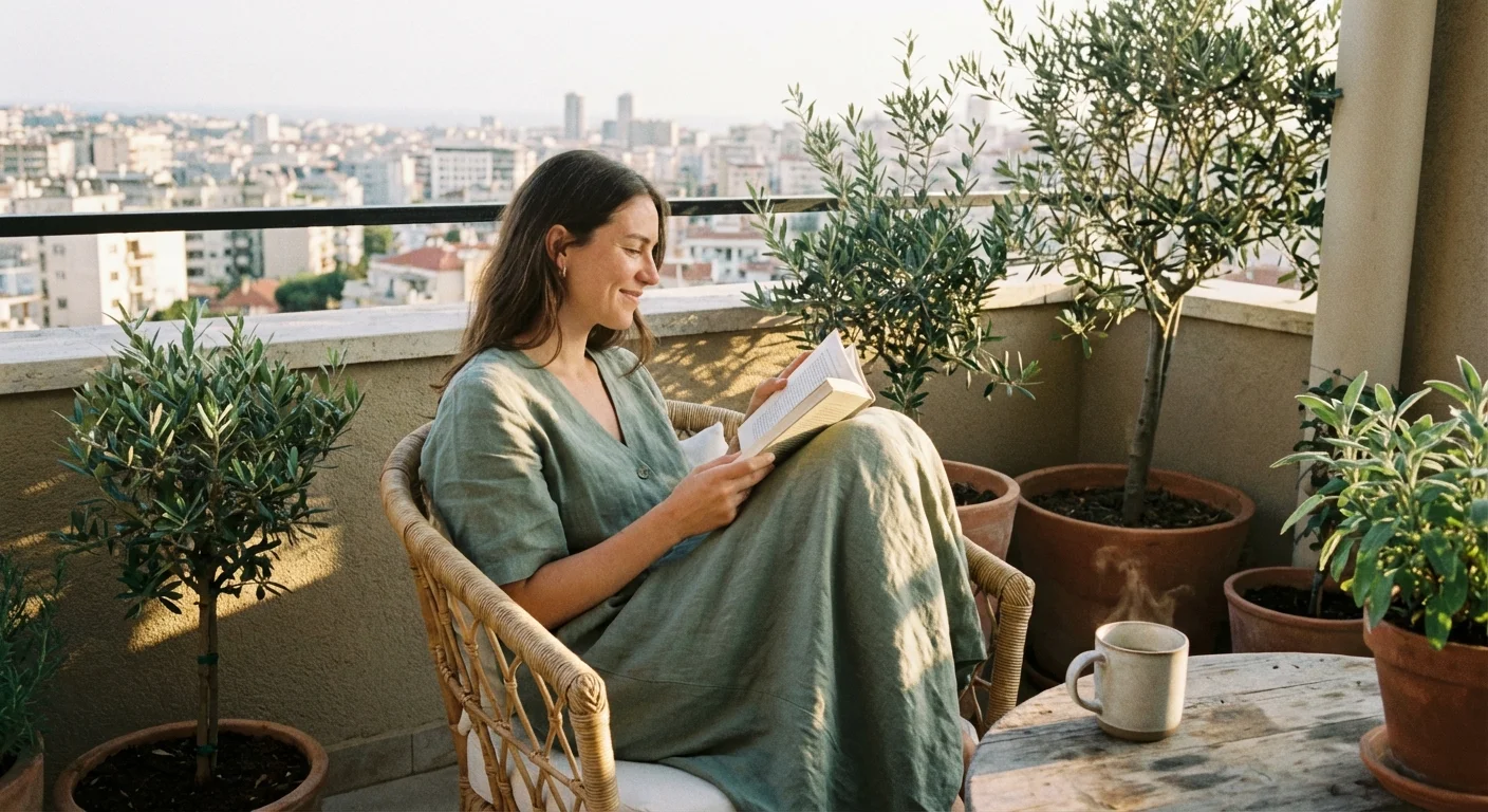 A person relaxing with a book on a sunny balcony.