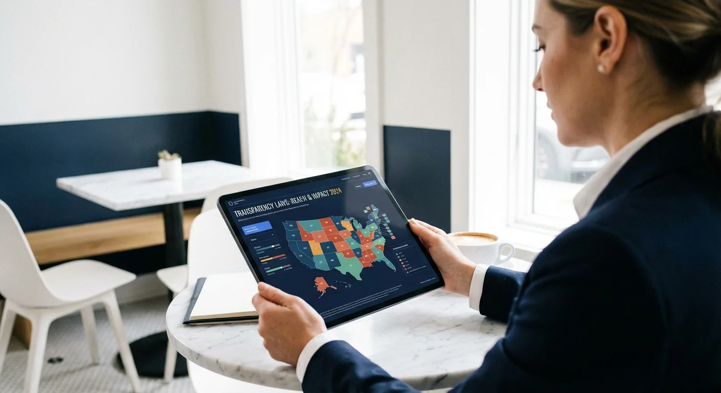 A person reviewing a digital map on a tablet in a bright cafe, symbolizing the nationwide shift in pay laws.