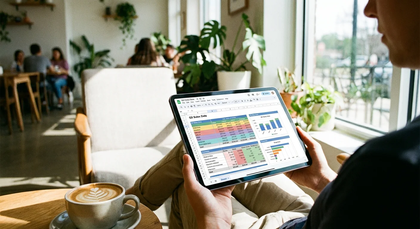 A person reviewing a digital spreadsheet on a tablet in a bright cafe, focusing on income tracking.