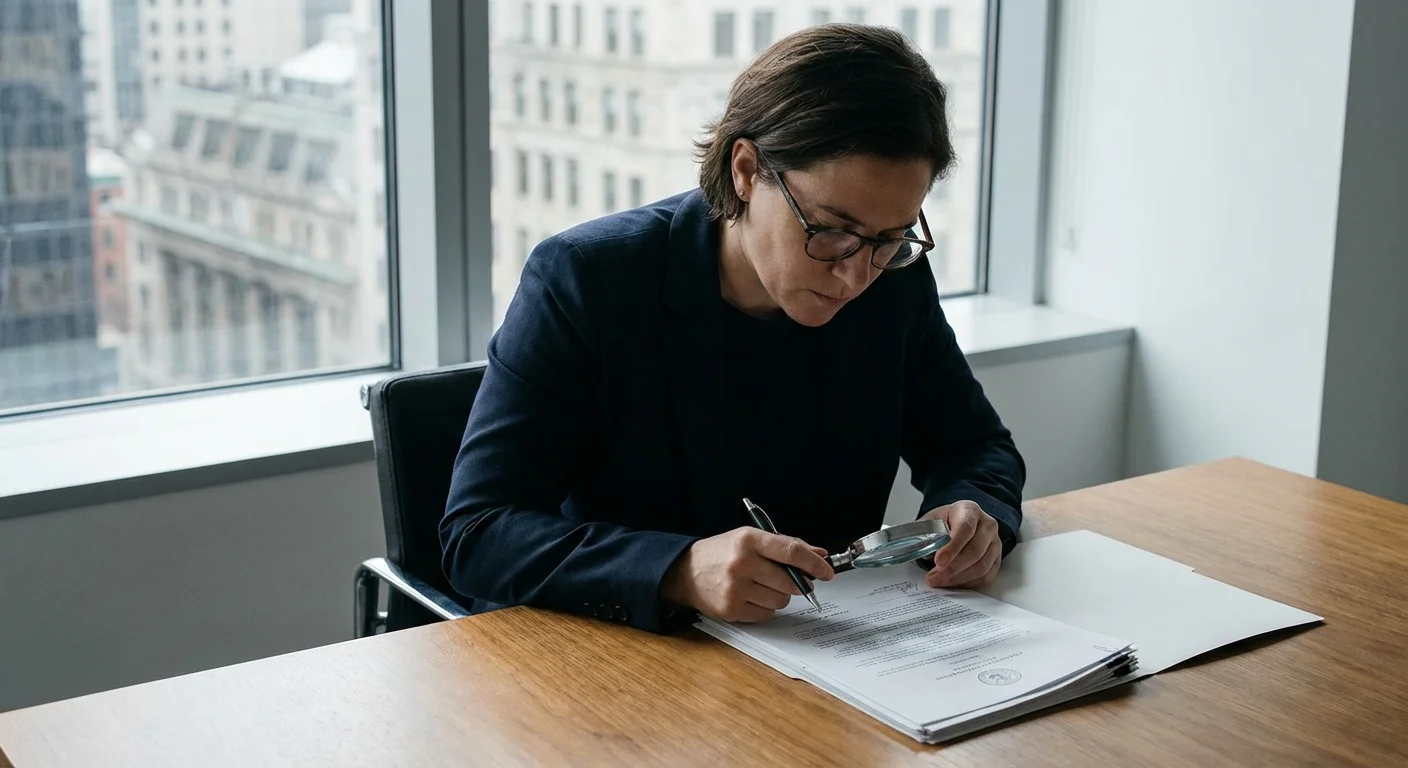A person reviewing a formal legal document in a sunlit professional office.