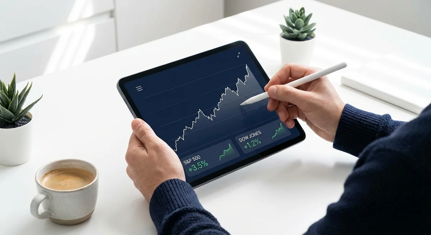 A person reviewing financial growth charts and credit data on a tablet in a clean home office.