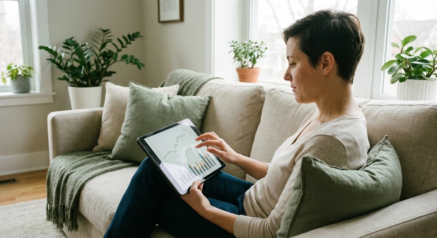 A person reviewing financial options on a tablet while relaxing on a sofa.