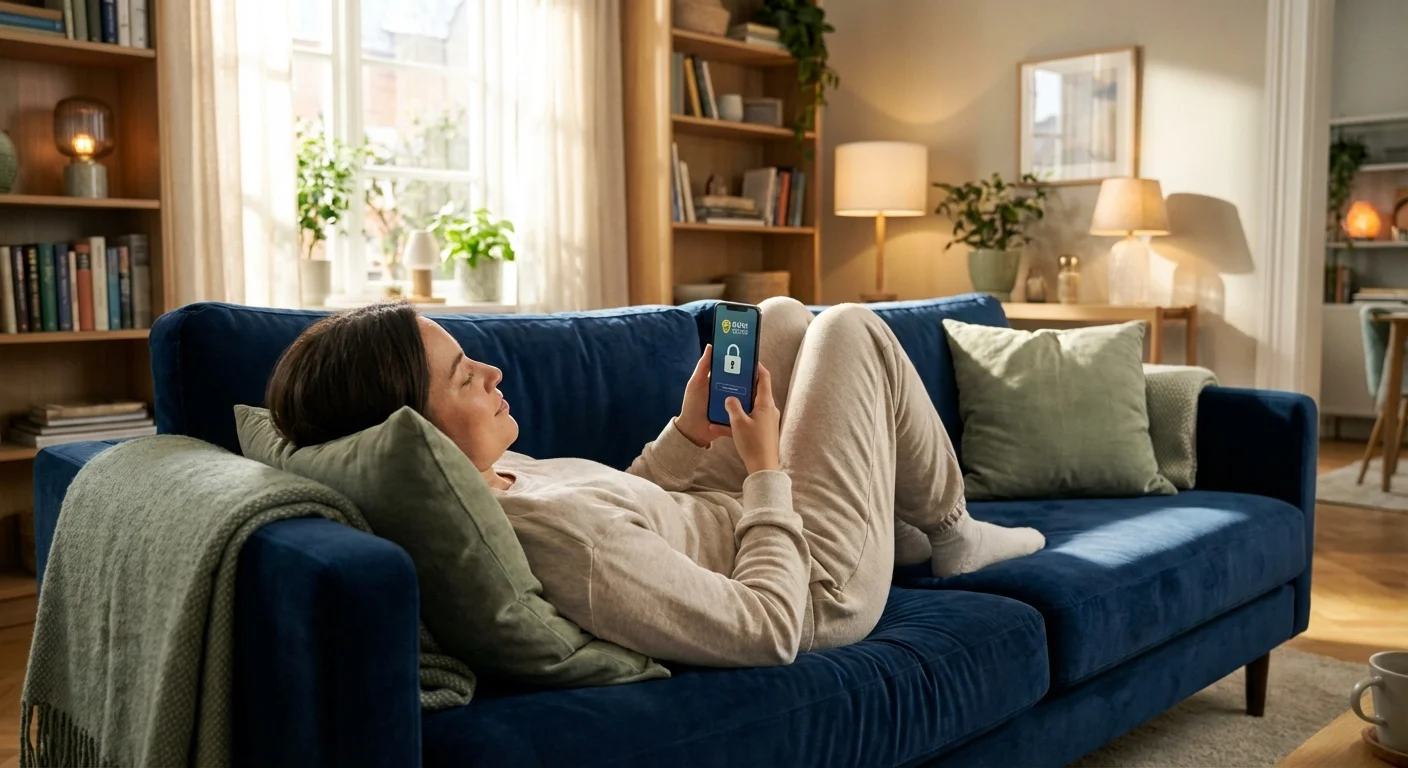 A person securely checking their bank account on a phone at home.