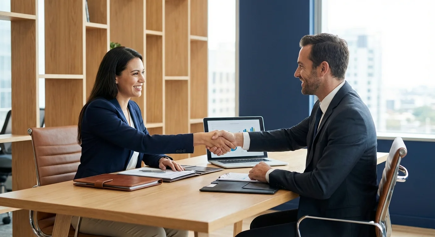 A person shaking hands with a professional advisor in a bright, modern office.