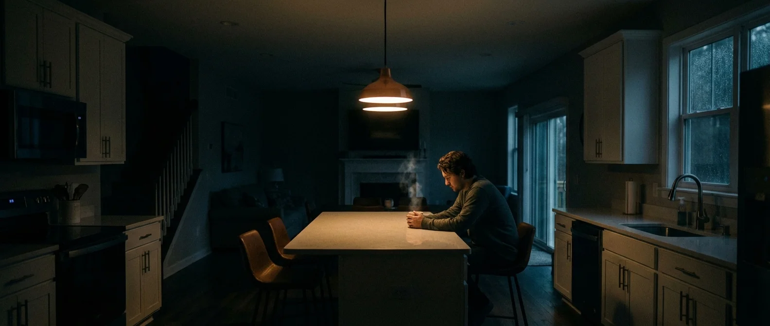 A person sitting alone in a dark kitchen, looking thoughtful.
