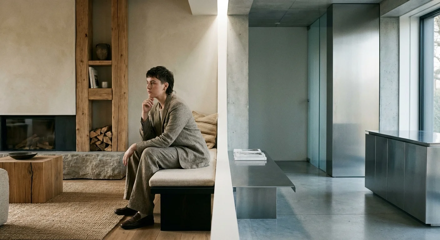 A person sitting in a symmetrically designed modern room.