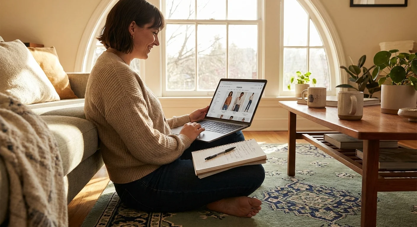 A person sitting on a rug with a laptop, looking focused and relaxed.