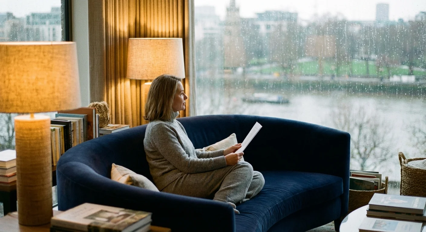 A person sitting on a sofa holding a document and looking out a window.