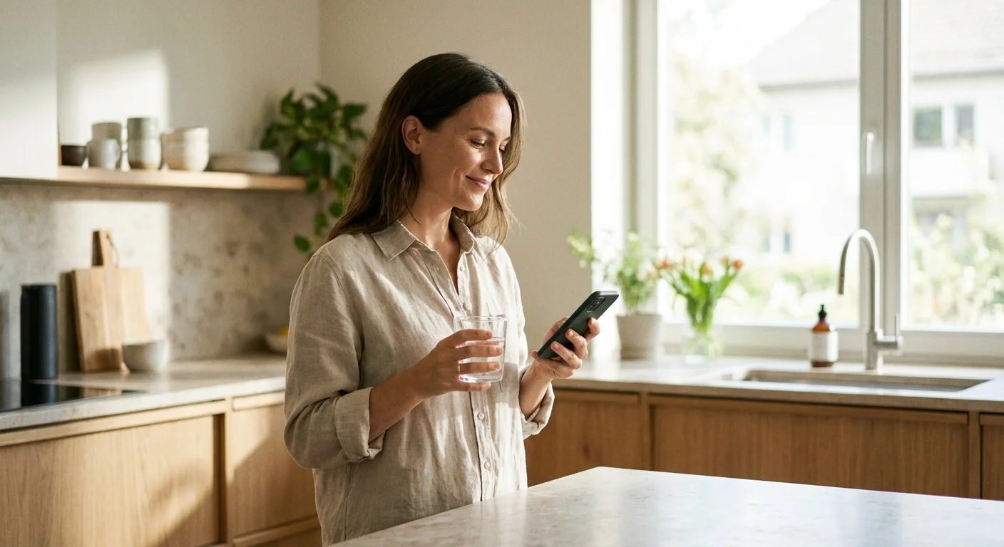A person smiling at their phone in a sunlit kitchen, representing a clear-headed morning.