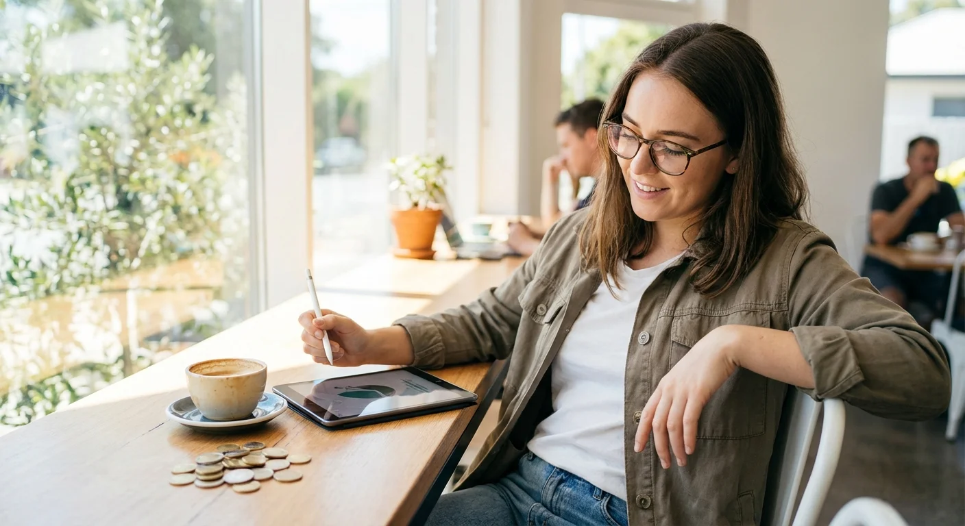 A person smiling while looking at a tablet in a bright, modern cafe.