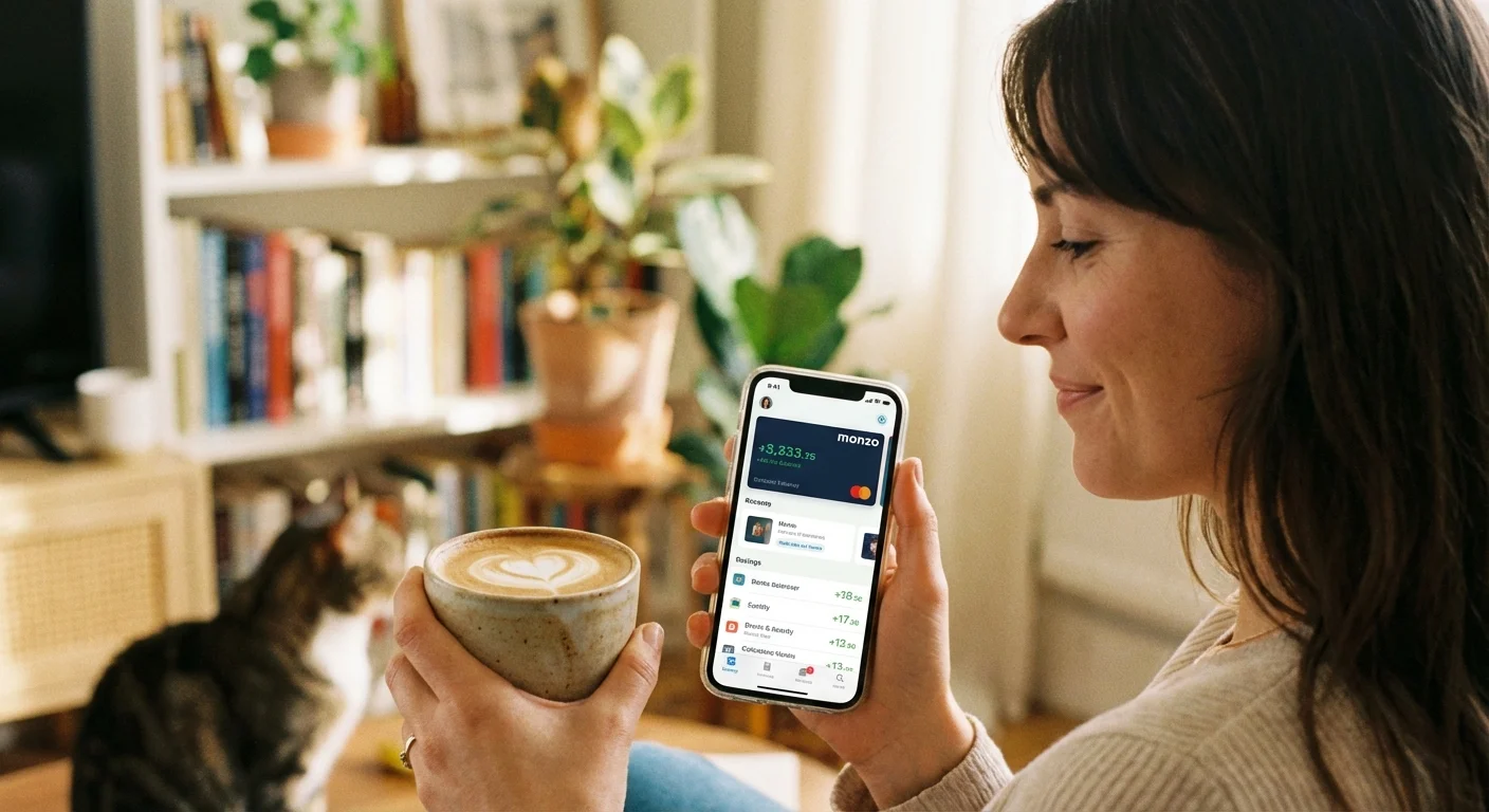 A person smiling while looking at their phone and holding a coffee in a bright room.