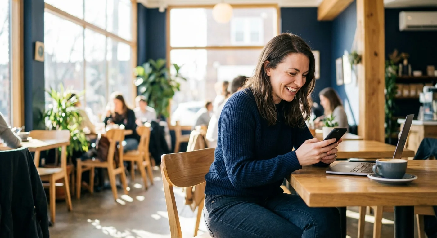 A person smiling while looking at their phone in a bright, modern cafe.
