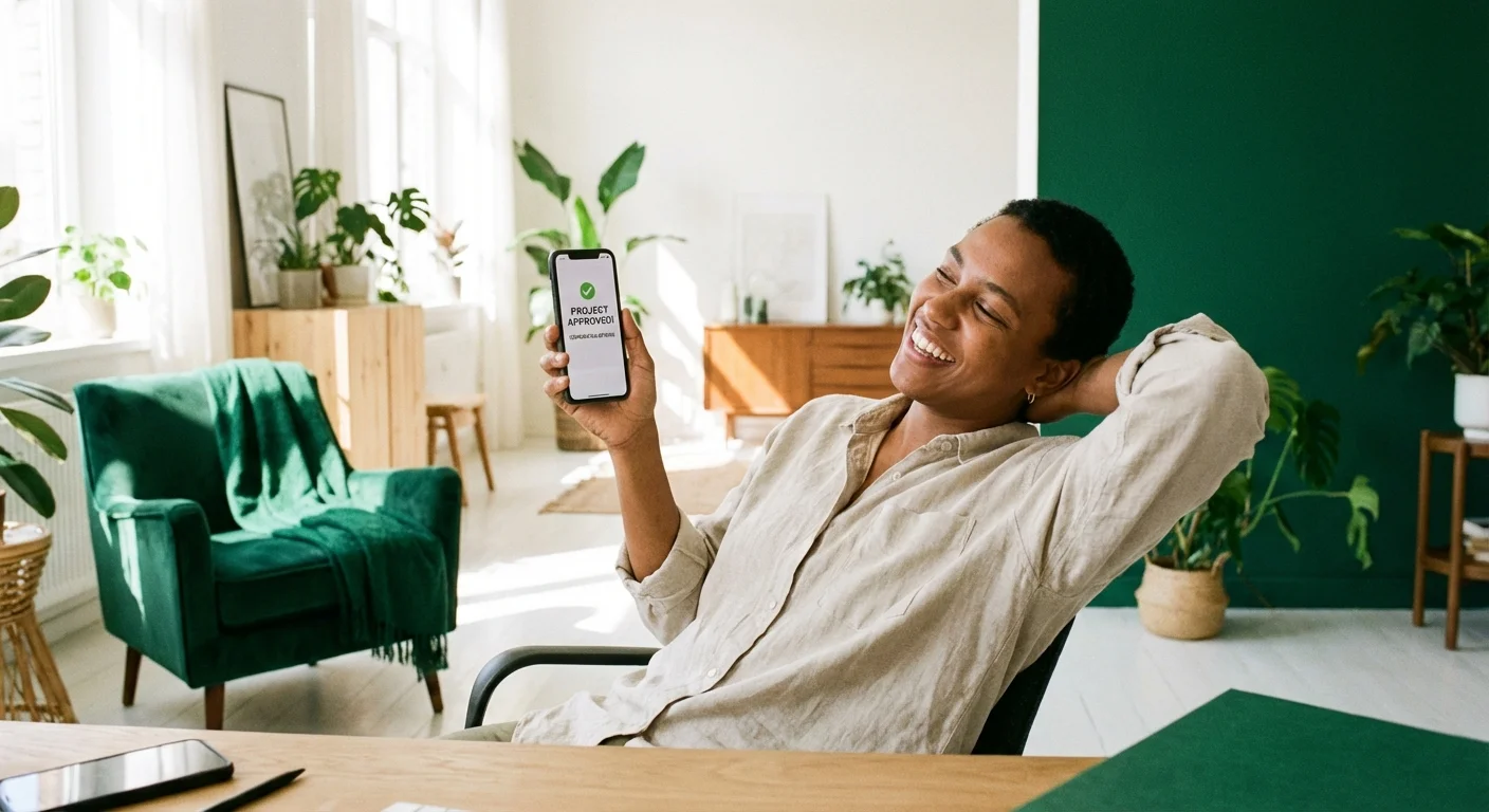 A person smiling while looking at their phone in a bright office.