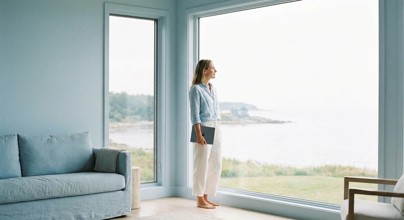A person standing by a window, looking out thoughtfully while holding a tablet.