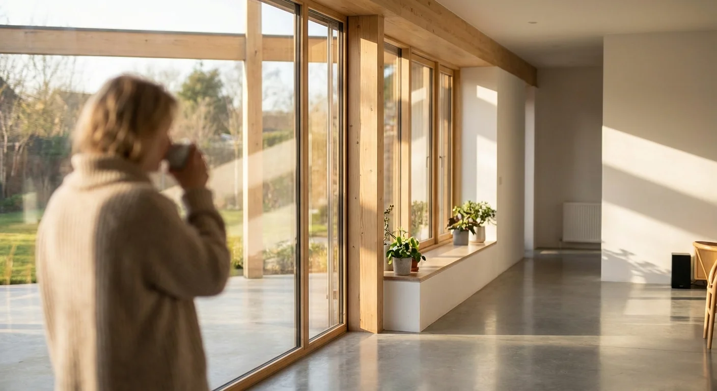 A person standing in a sunlit, empty modern living room.