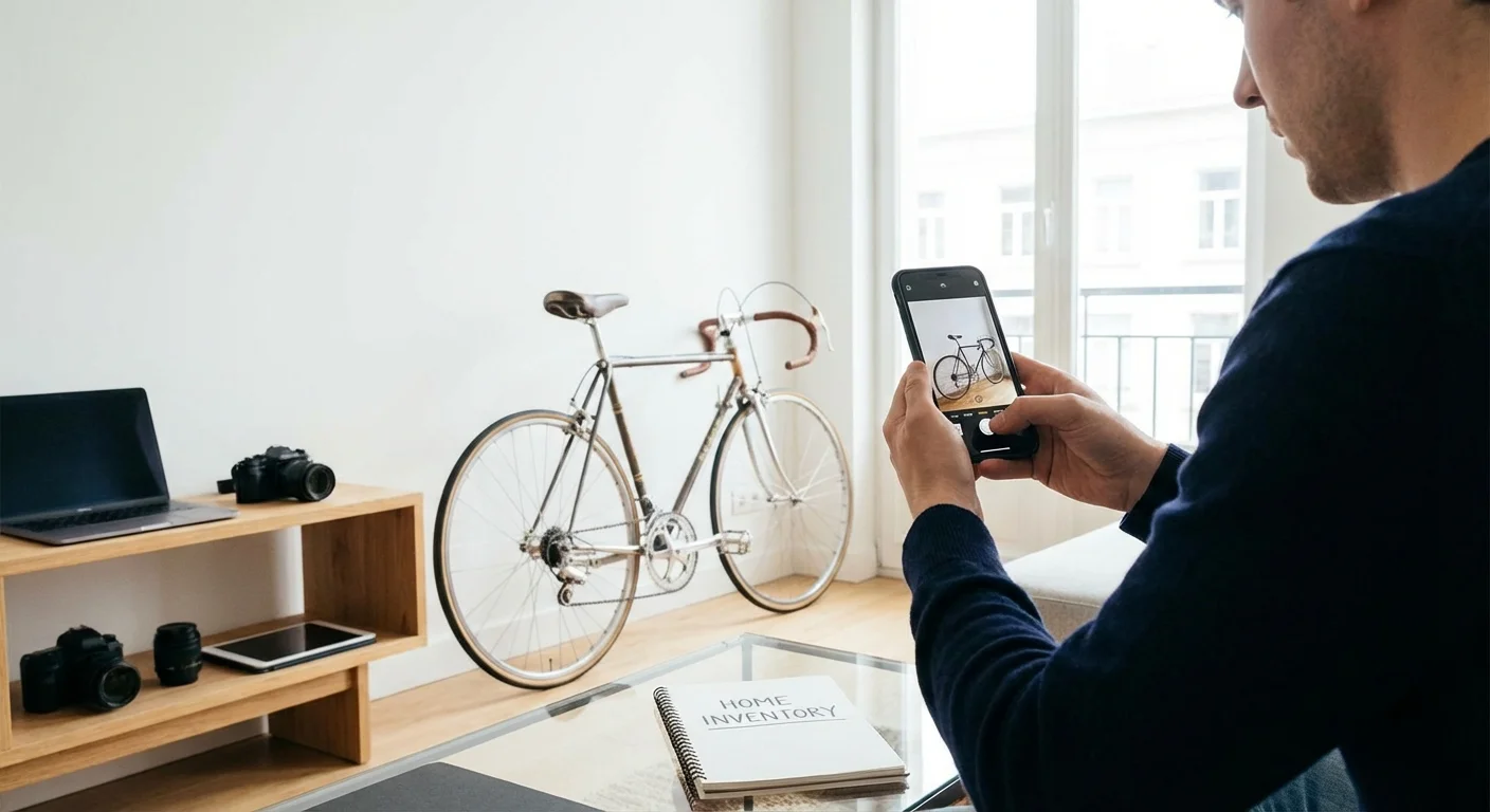 A person taking a photo of their bicycle with a smartphone inside an apartment.