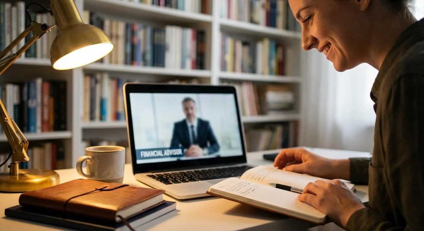 A person taking notes while consulting with an expert via video call.