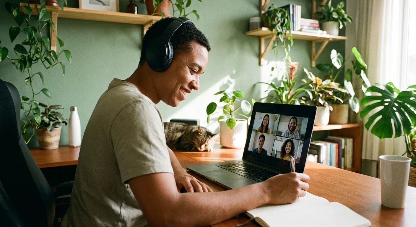 A person taking notes while having a video consultation on a laptop.