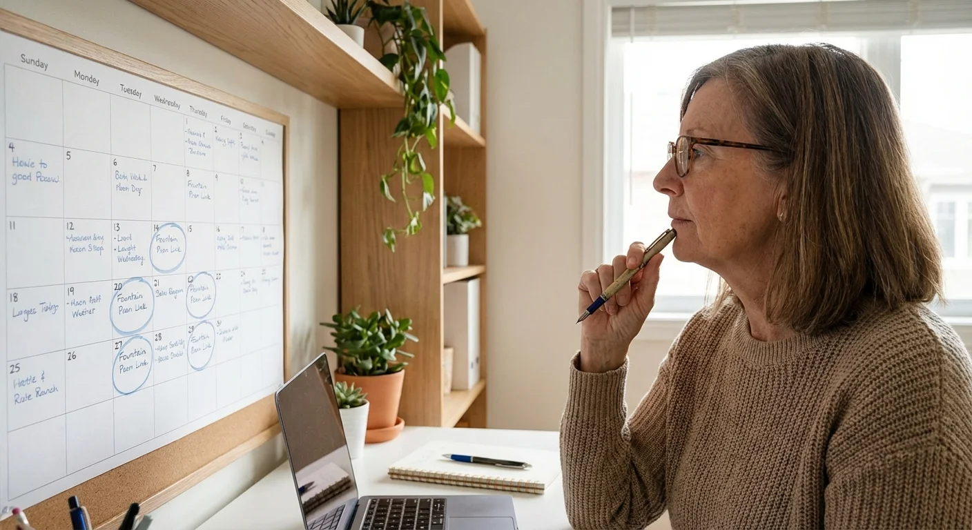 A person thoughtfully checking dates on a wall calendar in a home office.