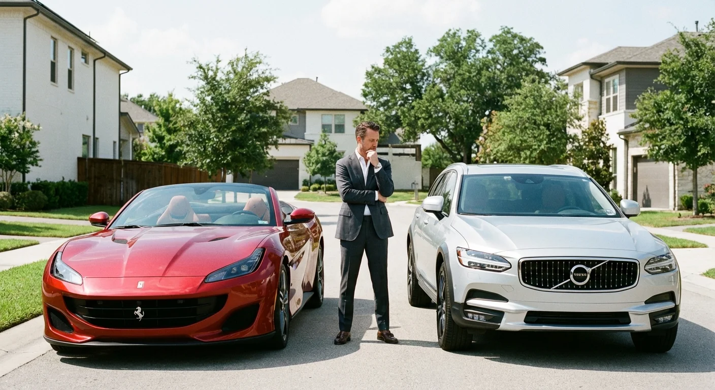 A person thoughtfully choosing a sensible silver car over a flashy red one.