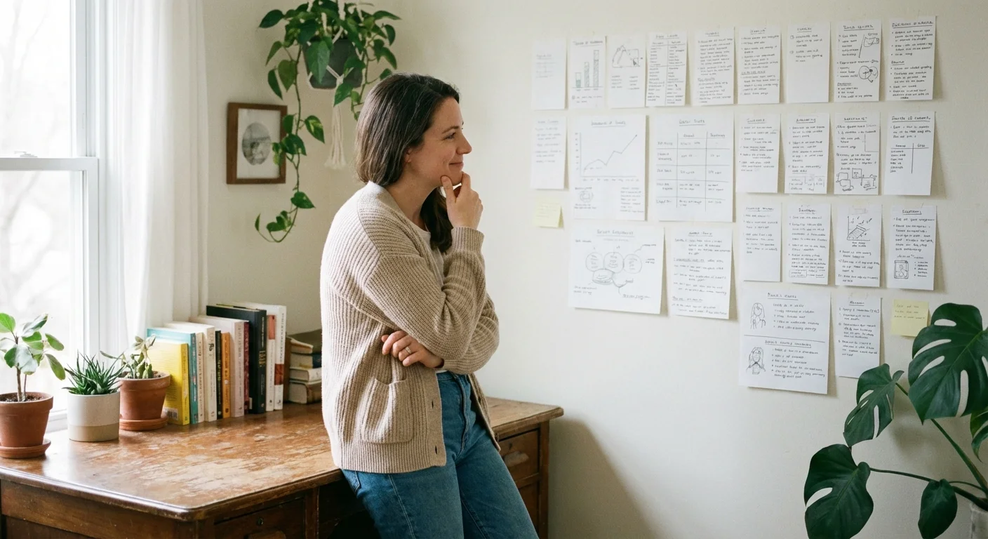 A person thoughtfully looking at organized notes on a wall.