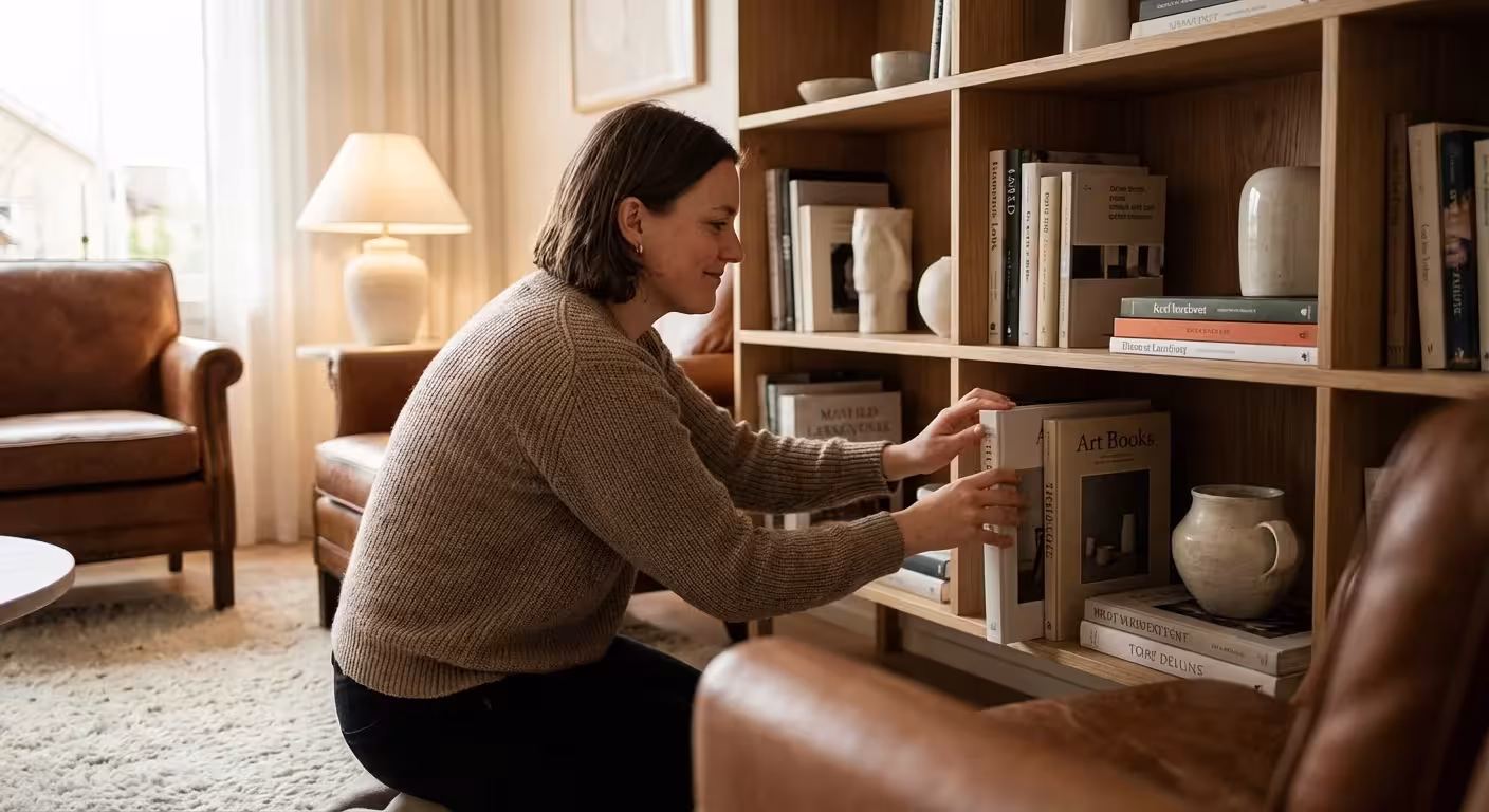 A person thoughtfully organizing their belongings in a modern home.